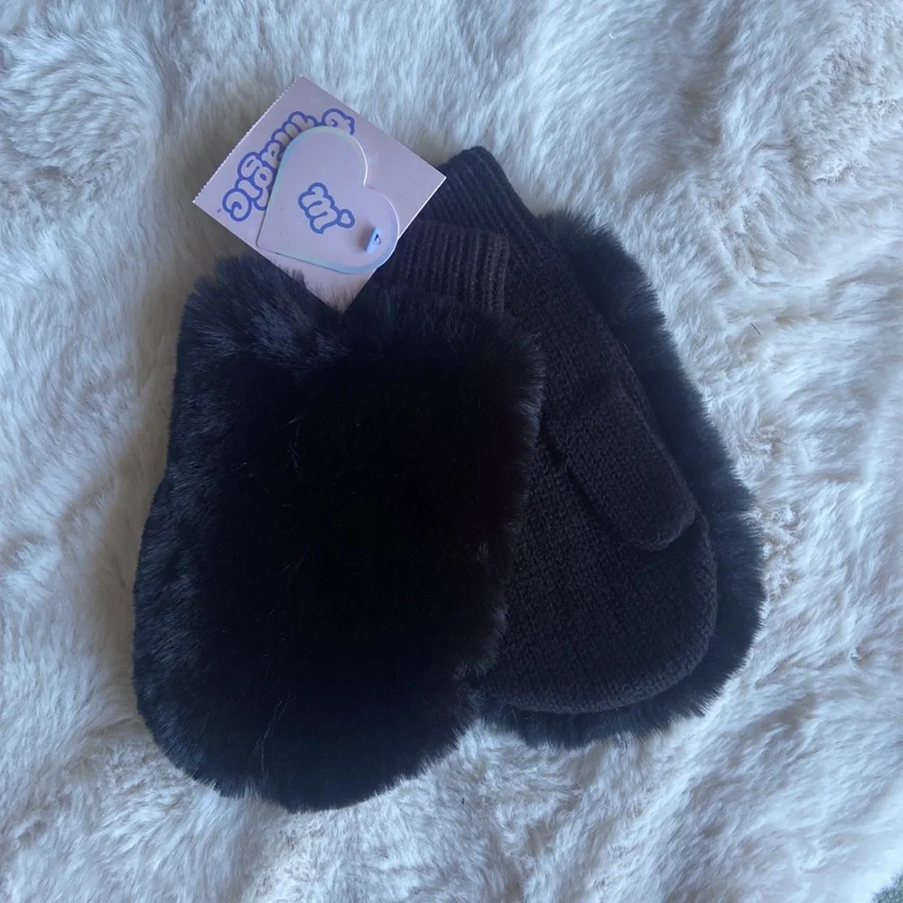 Girls black faux fur mittens gloves More Than Magic for Target gift winter layer